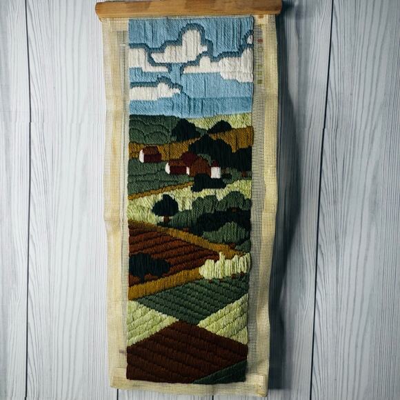 Vintage Landscape Farm Autumn Crewel Unframed MCM 26 x 12 Cottage - Picture 1 of 7